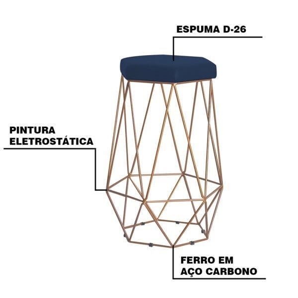 Banqueta Decorativa Rubel Base Gold Veludo Azul - Gran Belo - 3