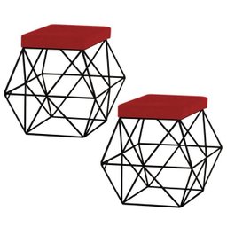 Kit 2 Puffs Decorativo Sala de Estar Base Preto Trixie Suede Vermelho - Gran Belo - 1