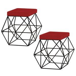 Kit 2 Puffs Decorativo Sala de Estar Base Preto Trixie Suede Vermelho - Gran Belo