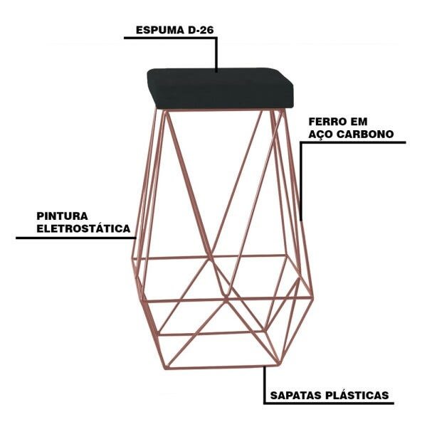 Kit 2 Banqueta Decorativa Kathy Base Bronze Suede Preto - Gran Belo - 3