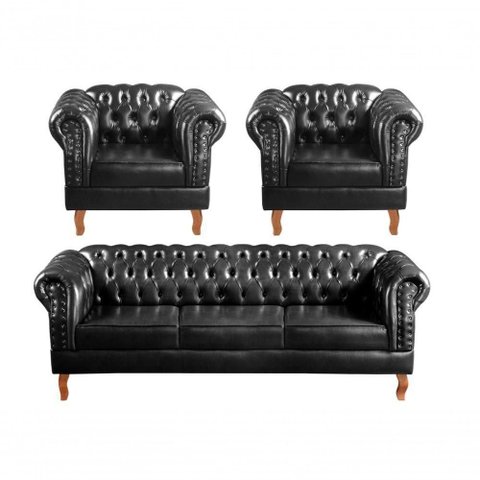 Conjunto de Sofás Dom Pedro 5 Lugares Preto Couríssimo Bella Decor