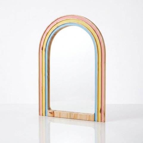 Espelho Arco-íris Infantil em Madeira Natural | Decoração Montessori Premium Quarto Bebê