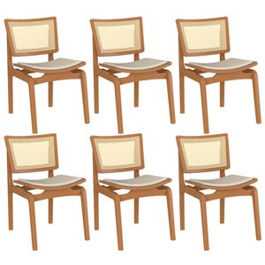 Kit 6 Cadeiras Decorativas Sala de Jantar Madeira Champagne Ravi Linho Bege - Gran Belo