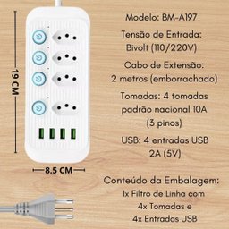 Extensão Filtro de Linha 4 Entradas + Usb Botão Liga/desliga - 5