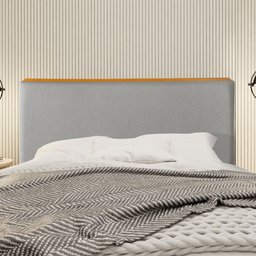 Cabeceira Cama Box Queen 1,60m Estofada Detalhe em Madeira Java Linho Cinza - 1