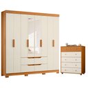 Ver imagem 1 de Guarda Roupa Casal Doble 08 Portas com Espelho e Cômoda Vittoria Cinamomo Off White - Móveis Albatro