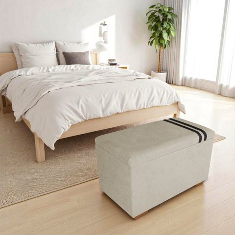 Recamier Puff Baú Organizador no Boucle com Cinto Preto:bege