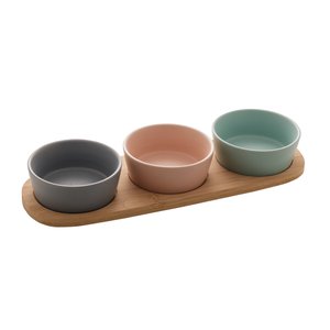 Petisqueira de Cerâmica Com 3 Potes e Bandeja de Bambu 32cm Lyor