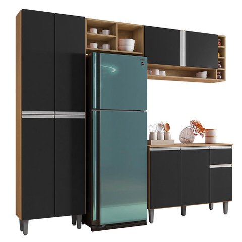 Cozinha Modulada Vanessa 230cm Paneleiro, Balcão com Tampo Mdp e Aéreo Amêndoa/preto - Ajl Mó