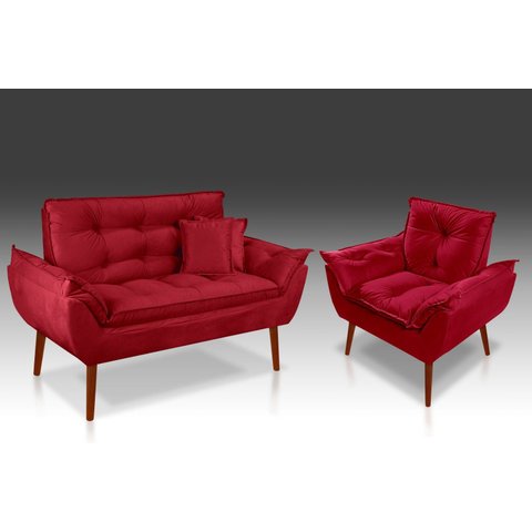 Kit 01 Poltrona + 01 Namoradeira Opala + 02 Almofadas Suede Vermelho-rv Decora