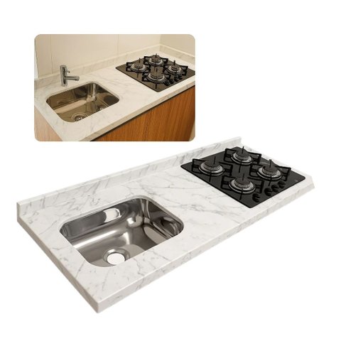 Pia de Cozinha Mármore Branco 150cm Espaço Cooktop e Cuba: Branco