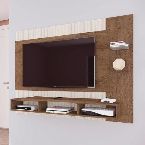 Painel para TV até 55 Pol Ripado 164x120Cm Nicho Prateleira Vidro MDP Mocaccino Off White - ClickLar
