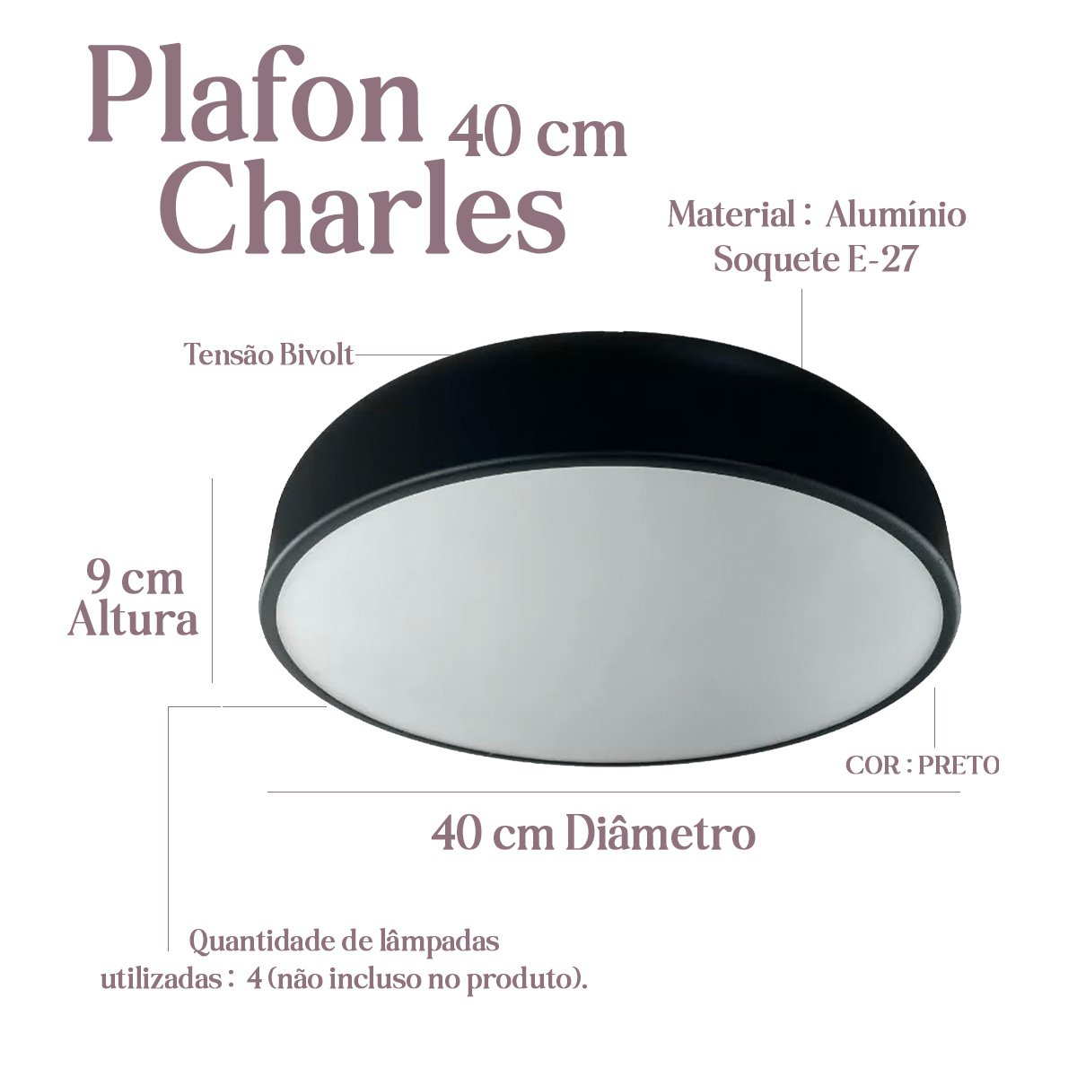 Plafon Sobrepor de Teto Charles Redondo 40cm Entrada para 4 Lâmpadas - Preto - 2