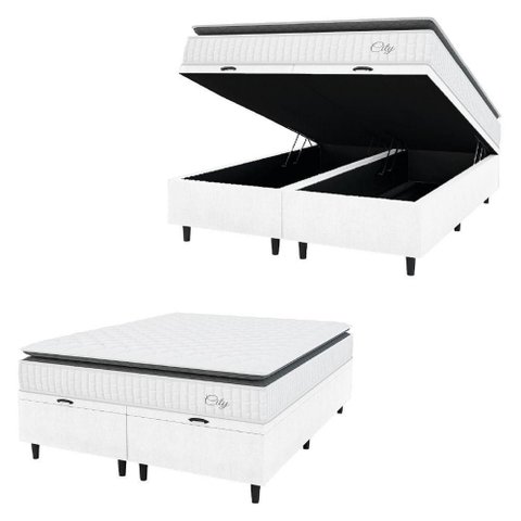 Cama Box Baú Colchão Casal King Molas Ensacadas City Pillow Top 193x203x64cm Linho Branco Cinza