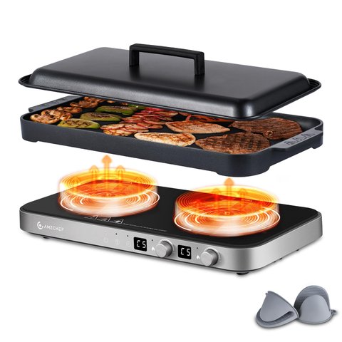Amzchef Fogão de Indução Duplo com Chapa Removível, 2 Queimadores, 1800w