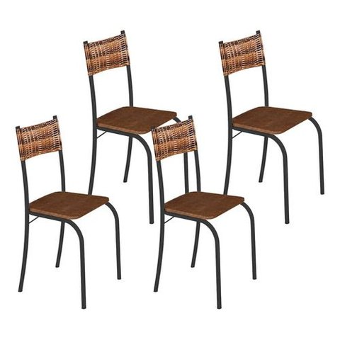 Kit 4 Cadeiras Atlanta Corino Marrom e Rattan Carvalho Tubo Preto Fosco