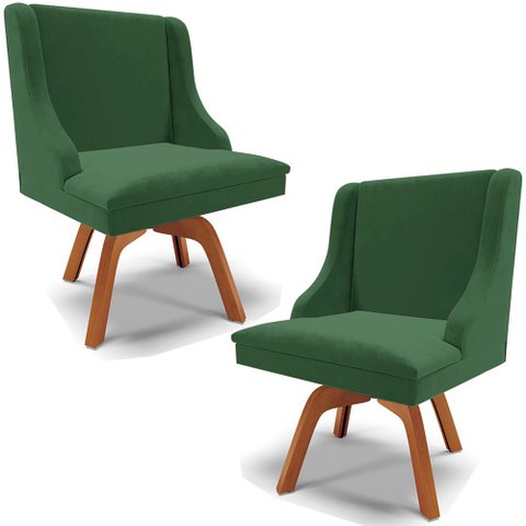 Kit 2 Cadeiras Decorativas Sala de Jantar Base Giratória de Madeira Firenze Veludo Verde/Natural G19