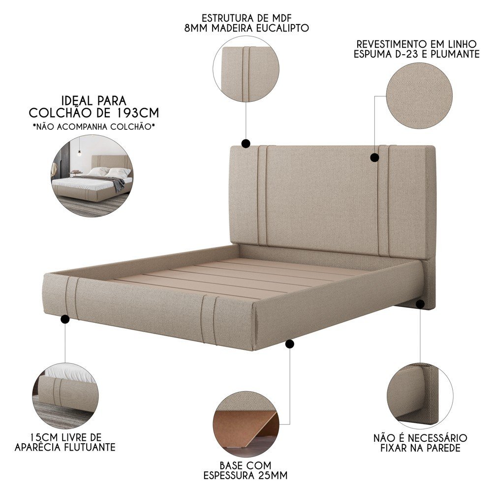 Cama King Flutuante com Cabeceira 195cm Lyra S05 Linho Bege - Mpozenato - 3