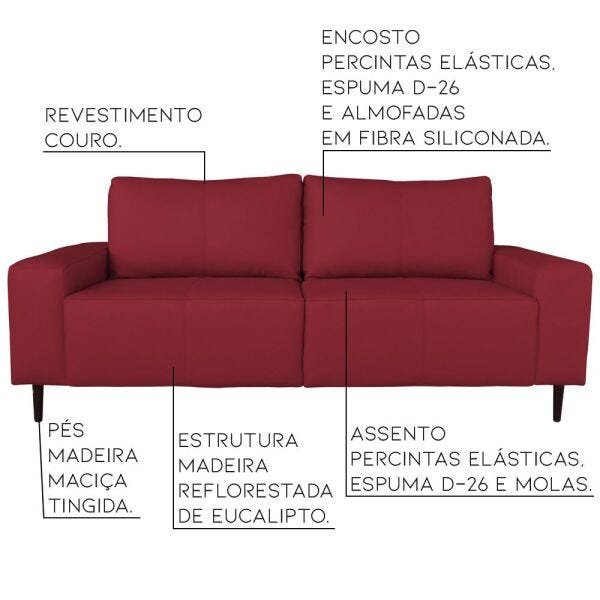 Sofá 03 Lugares Sala de Estar Recepção 240cm Bipartido Brad Couro Vermelho G58 - Gran Belo - 2
