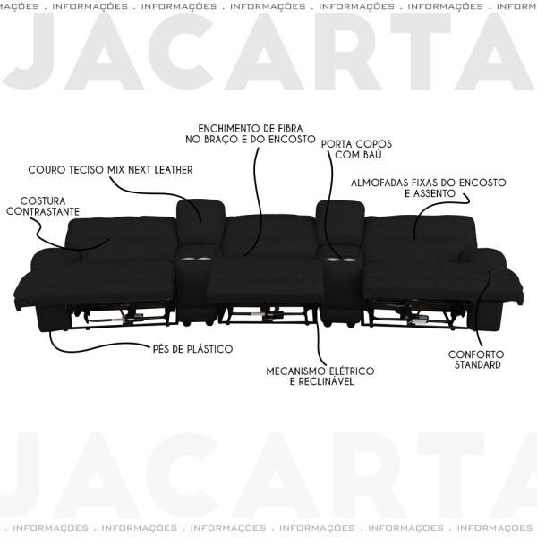 Sofá 3 Lugares Jacarta Reclinável Elétrico 3,36M Couro Preto com Porta Copos - Idea Relax - 3