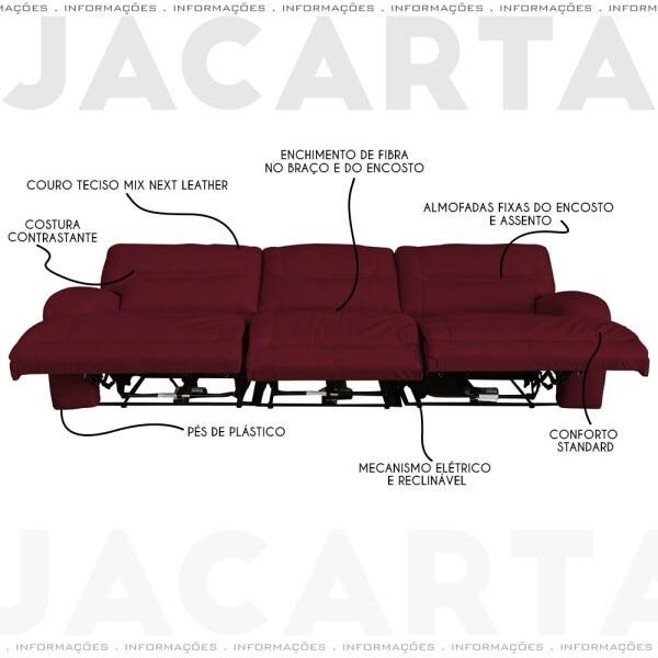 Sofá 3 Lugares Jacarta Reclinável Elétrico 2,90M Couro Vermelho - Idea Relax - 3