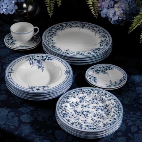 Jogo 6 Pratos Rasos Jantar 28cm Tramontina Azzura Porcelana Decorada Floral Azul Mesa Posta