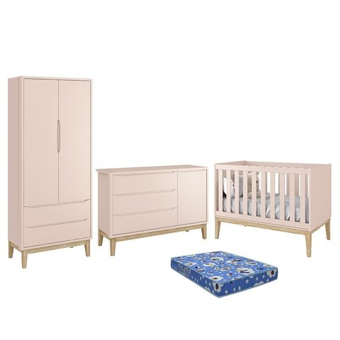 Dormitório Infantil Classic 2 Portas, Cômoda 1 Porta, Berço Rosa Fosco com Pés Madeira Natural e Col