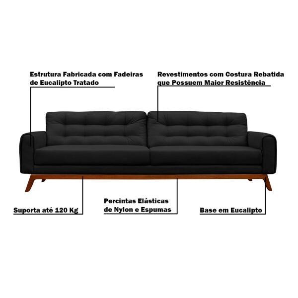 Sofá 3 Lugares Sala de Estar Eros 2,30M Veludo Base Fixa - Gran Belo - 3