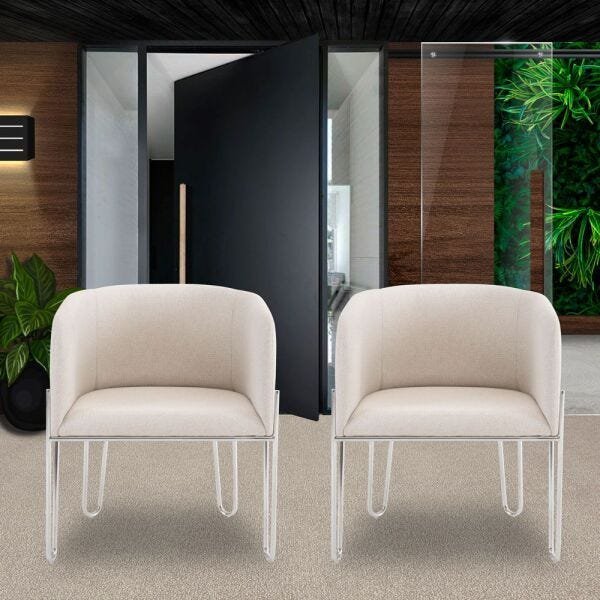 Kit 03 Poltronas Decorativas Sala de Estar Base Aço Cinza MGA Linho Bege - Gran Belo - 7