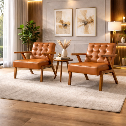 Conjunto 2 Poltronas Corino Zara Capitone Moderna Decorativa Braços Assimétricos 64cm para Sala Escr