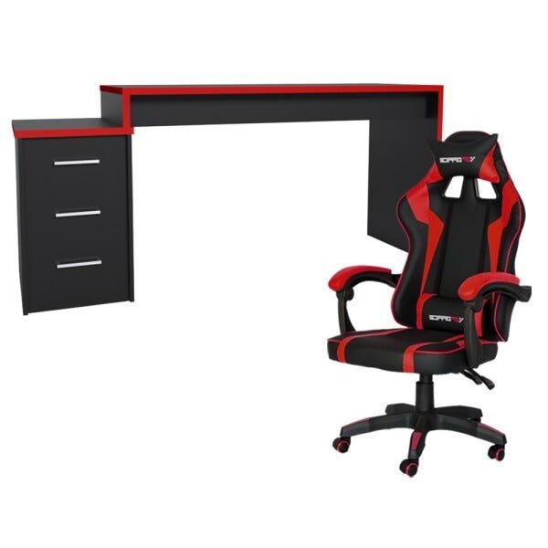 Conjunto Playerxtreme Pro Mesa e Cadeira Gamer Preto Texturizado/Vermelho - Gran Belo - 1