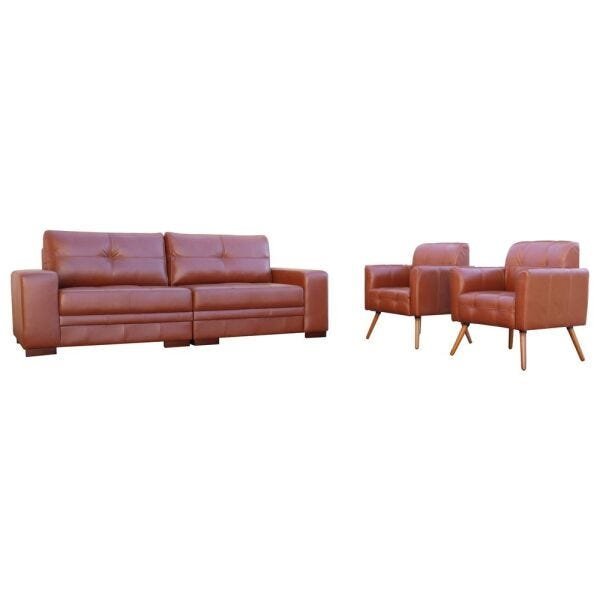 Conjunto de Sofá 4 Lugares Bipartido 260cm com 2 Poltronas Bia/Milano Couro Caramelo - Gran Belo - 1