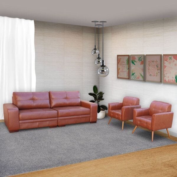 Conjunto de Sofá 4 Lugares Bipartido 260cm com 2 Poltronas Bia/Milano Couro Caramelo - Gran Belo - 7