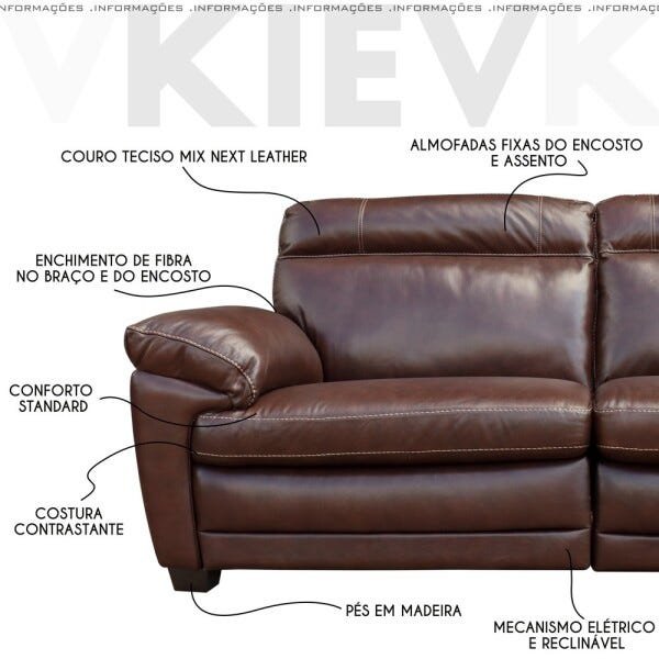Sofá 2 Lugares Kiev Reclinável Elétrico 1,80M Couro Marrom - Idea Relax - 3