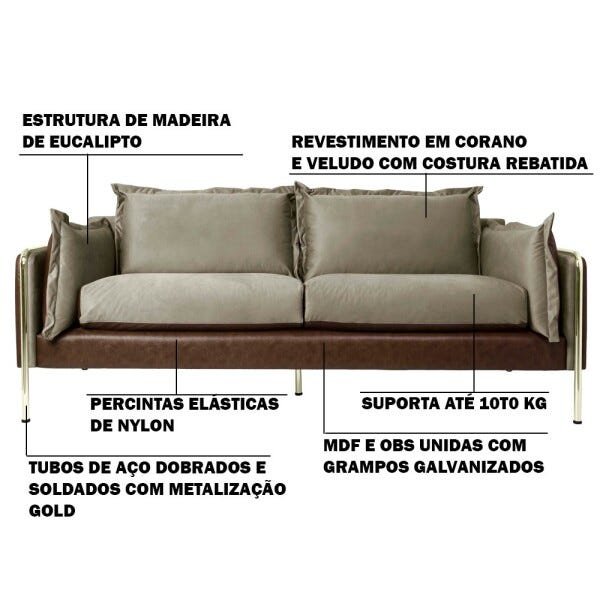 Sofá 4 Lugares Napoleão 2,60M Pvc Marrom Veludo Bege Pés Gold - Gran Belo - 3