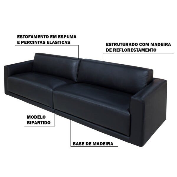 Sofá 4 Lugares Bipartido 2,80M Sala de Estar Rene Corporative Couro Preto - Gran Belo - 2
