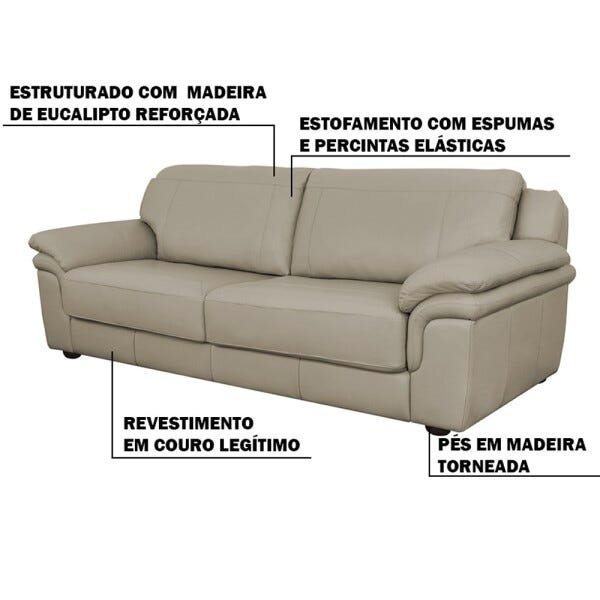 Sofá 3 Lugares Sala de Estar Rene Casual Couro Off White - Gran Belo - 3