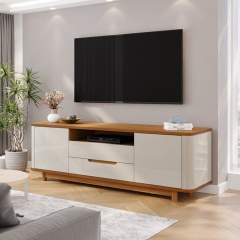 Rack para TV até 70 Polegadas MDF com Laterais Curvas 180cm Pés em Madeira Maciça