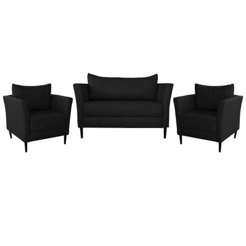 Conjunto Sofá 2 Lugares com 2 Poltronas Pés Palito Lubbock Couro Preto - Gran Belo