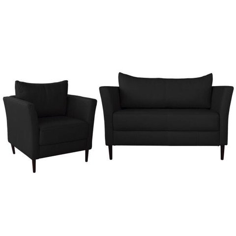 Conjunto Sofá 2 Lugares com Poltrona Pés Palito Lubbock Couro Preto - Gran Belo