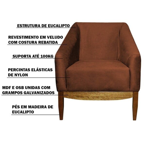 Poltrona Decorativa Sala de Estar Zahara Veludo Telha Tressê - Gran Belo - 3