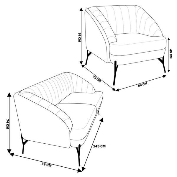 Conjunto Sofá 2 Lugares e Poltrona Decorativa Sala de Estar Lhama Veludo Bege Pvc Marrom - Gran - 2