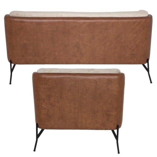 Conjunto Sofá 2 Lugares e Poltrona Decorativa Sala de Estar Lhama Veludo Bege Pvc Marrom - Gran - 7