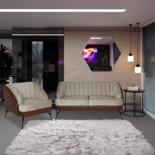 Conjunto Sofá 2 Lugares e Poltrona Decorativa Sala de Estar Lhama Veludo Bege Pvc Marrom - Gran - 6
