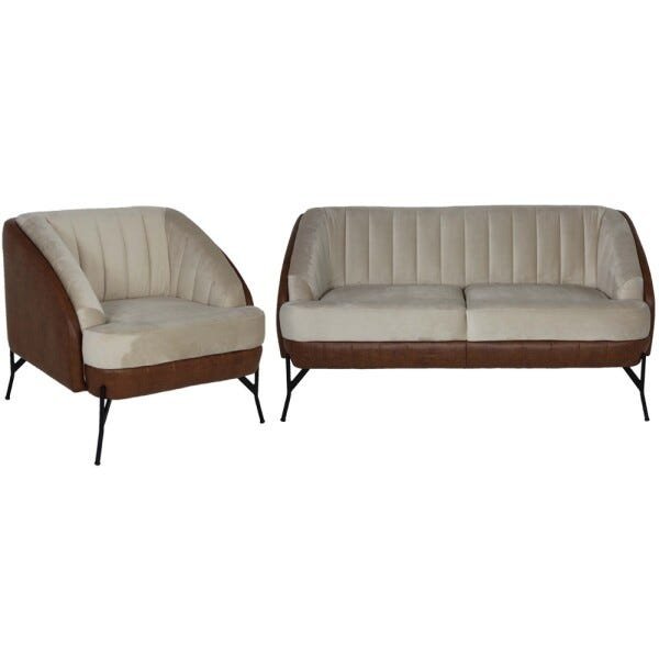 Conjunto Sofá 2 Lugares e Poltrona Decorativa Sala de Estar Lhama Veludo Bege Pvc Marrom - Gran - 1