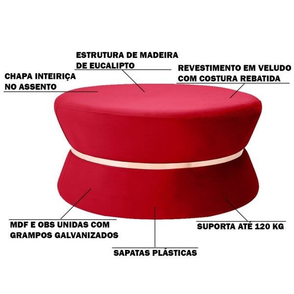 Puff Decorativo Sala de Estar 95cm Dhaka Veludo Vermelho - Gran Belo - 3