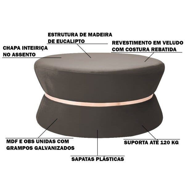 Puff Decorativo Sala de Estar 95cm Dhaka Veludo Cappuccino - Gran Belo - 3