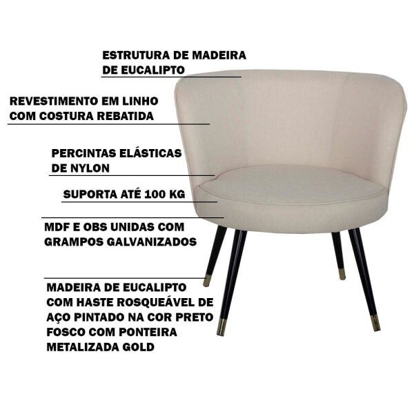 Poltrona Decorativa Sala de Estar Riverdale Linho Bege Debrum Bege Pés Fixo - Gran Belo - 3