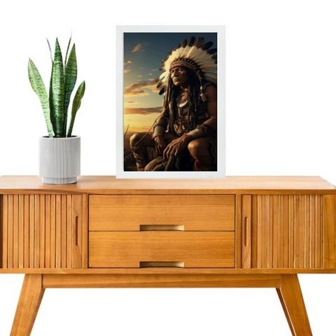 Quadro Decorativo Caboclo Tupã 33x24cm:moldura Branca