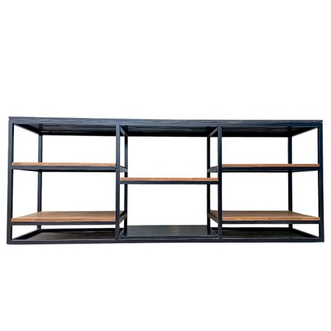 Rack Estilo Industrial Estrutura de Ferro e Prateleiras de Madeira